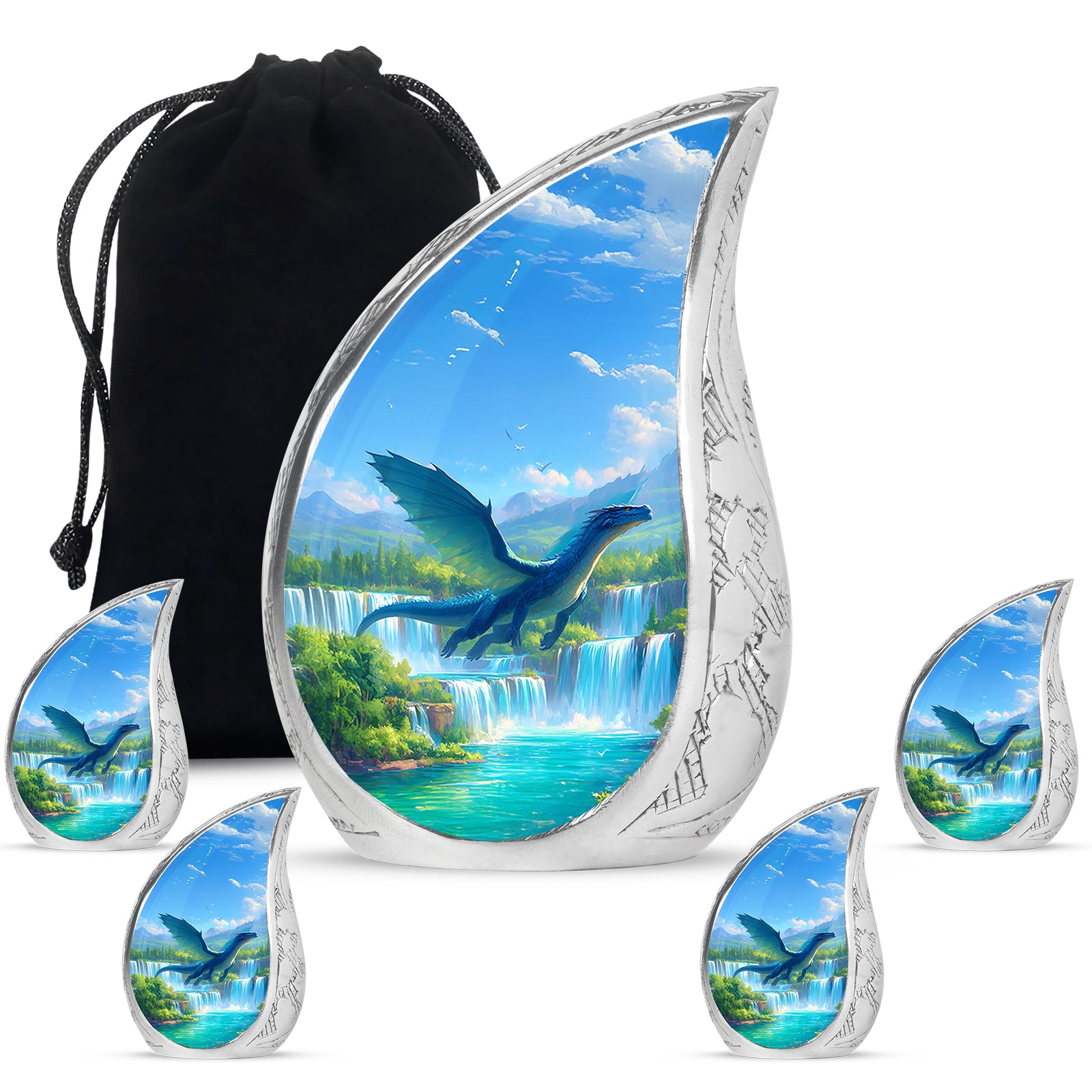 Misty Blue Dragon Cremation Urn side profile showing urn shape - flowing teardrop dragon silhouette on curved aluminum - memorial set with one large and four small urns