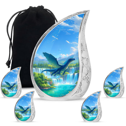 Misty Blue Dragon Cremation Urn side profile showing urn shape - flowing teardrop dragon silhouette on curved aluminum - memorial set with one large and four small urns