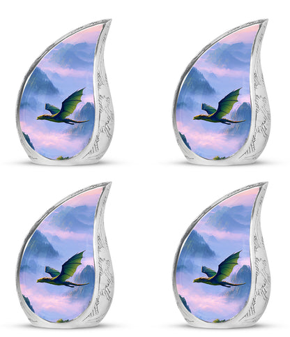 Azure Dragon Cremation Urn close-up of engraving and surface detail - rounded teardrop dragon design with delicate detail - 10 inch aluminum urn for cremated remains
