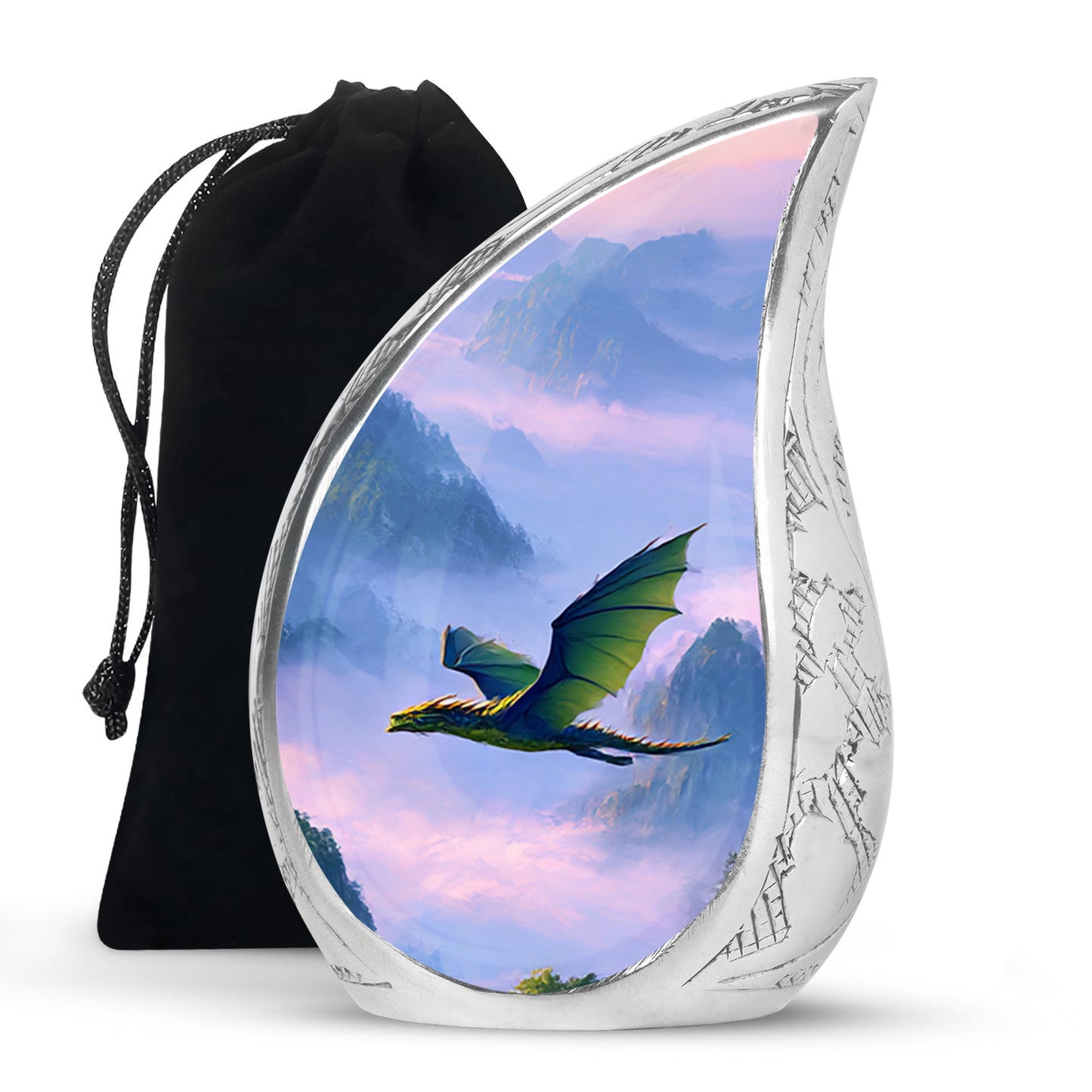 Calming Blue Dragon Cremation Urn front view showing detailed design - smooth teardrop contour featuring dragon art - full-size 10 inch 200 cubic inch adult cremation urn