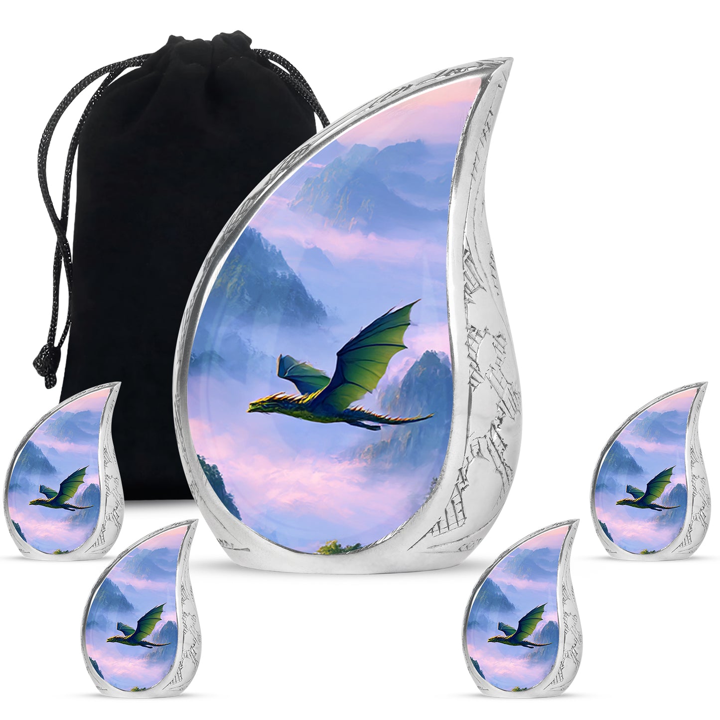 Indigo Dragon Cremation Urn side profile showing urn shape - flowing teardrop dragon silhouette on curved aluminum - memorial set with one large and four small urns