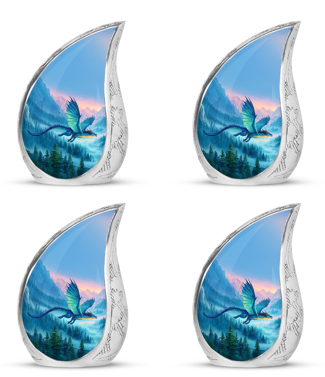 Calming Blue Dragon Cremation Urn close-up of engraving and surface detail - smooth teardrop contour featuring dragon art - 10 inch aluminum urn for cremated remains
