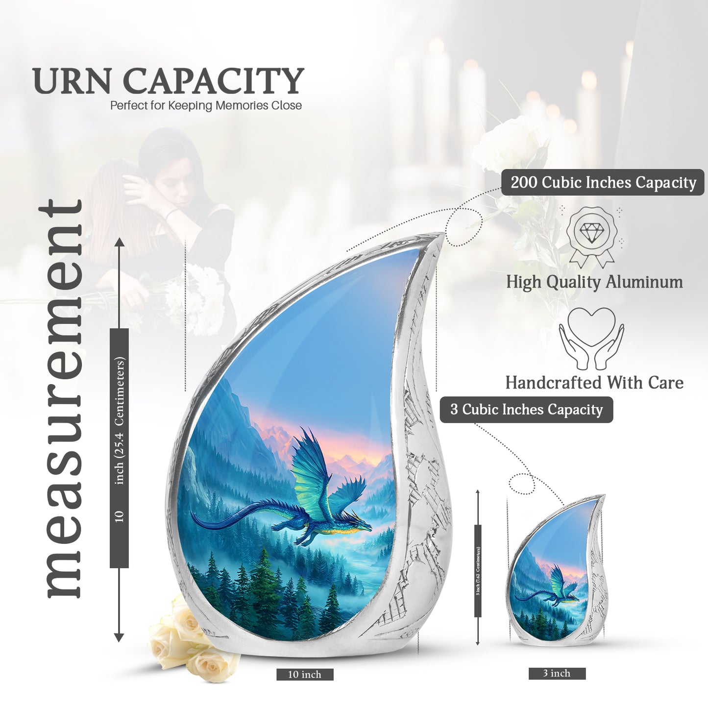 Twilight Blue Dragon Cremation Urn angled view of lid and engraved motif - graceful tear-shaped urn with dragon motif - mini keepsake memorial for portion of cremation ashes