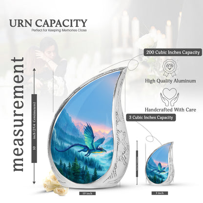 Twilight Blue Dragon Cremation Urn angled view of lid and engraved motif - graceful tear-shaped urn with dragon motif - mini keepsake memorial for portion of cremation ashes