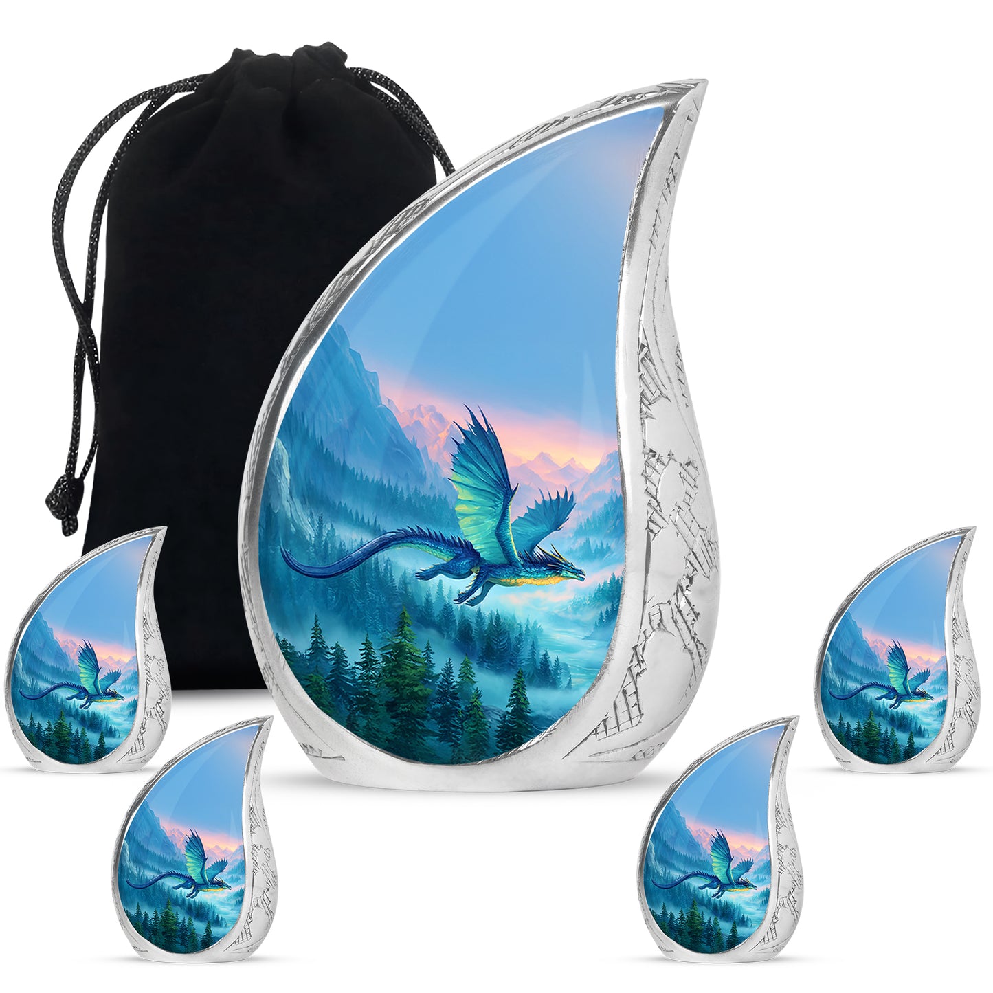 Royal Blue Dragon Cremation Urn side profile showing urn shape - smooth teardrop contour featuring dragon art - memorial set with one large and four small urns