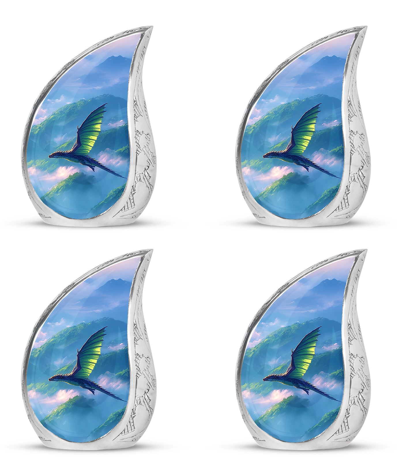 Slate Blue Dragon Cremation Urn close-up of engraving and surface detail - flowing teardrop dragon silhouette on curved aluminum - 10 inch aluminum urn for cremated remains