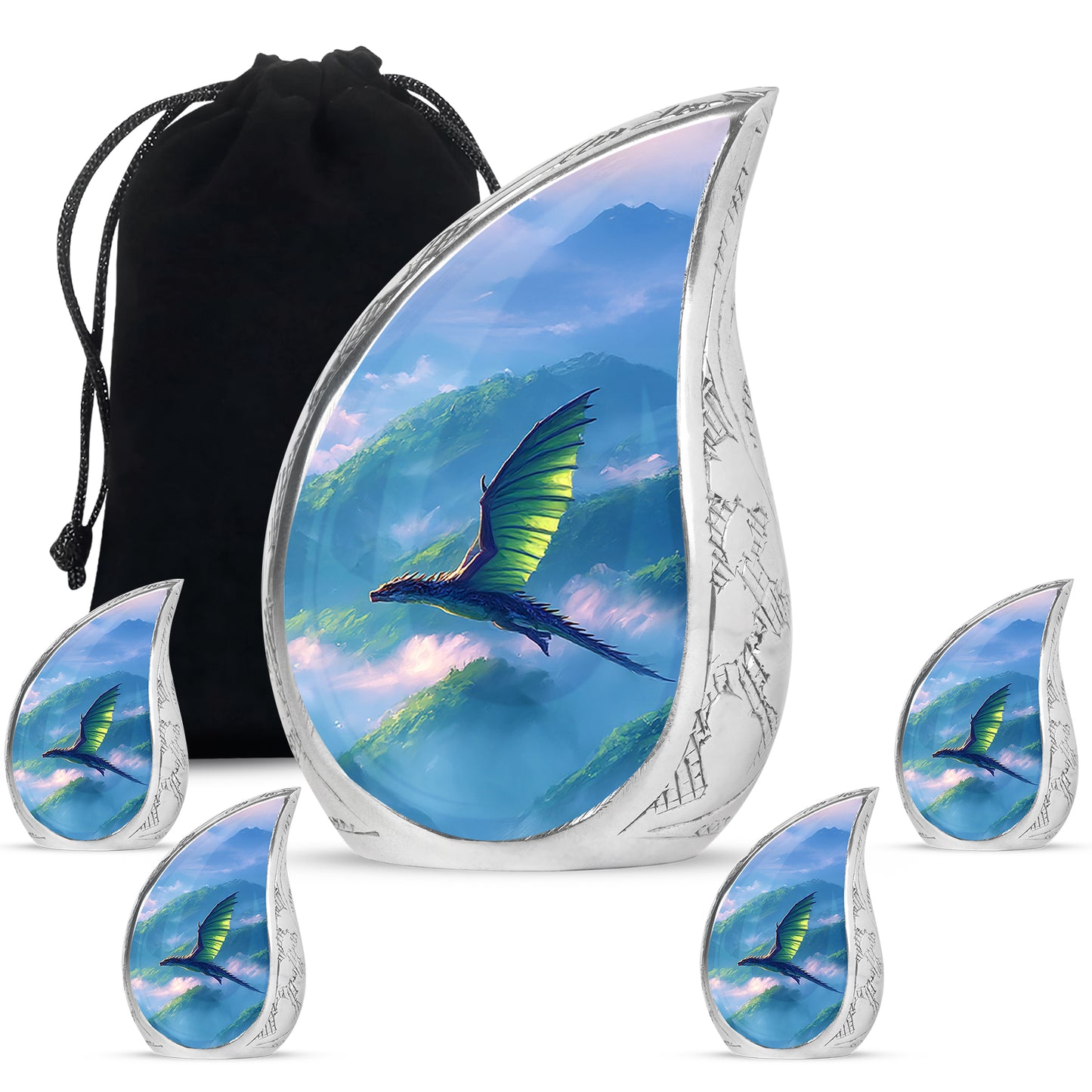 Indigo Dragon Cremation Urn side profile showing urn shape - flowing teardrop dragon silhouette on curved aluminum - memorial set with one large and four small urns