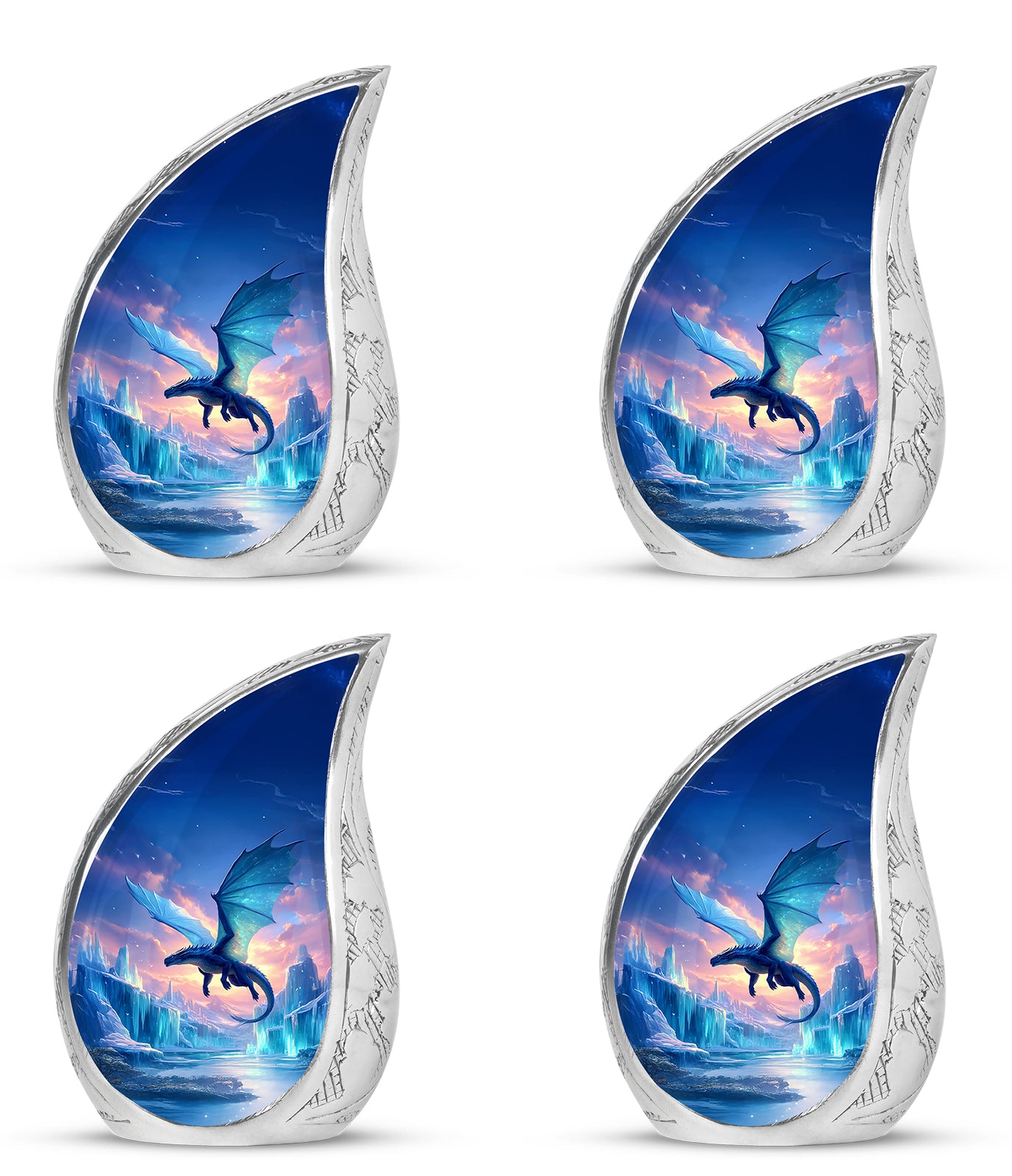 Pastel Blue Dragon Cremation Urn close-up of engraving and surface detail - rounded teardrop dragon design with delicate detail - 10 inch aluminum urn for cremated remains