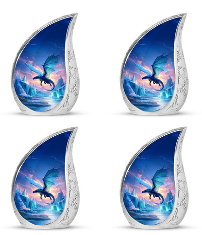 Pastel Blue Dragon Cremation Urn close-up of engraving and surface detail - rounded teardrop dragon design with delicate detail - 10 inch aluminum urn for cremated remains