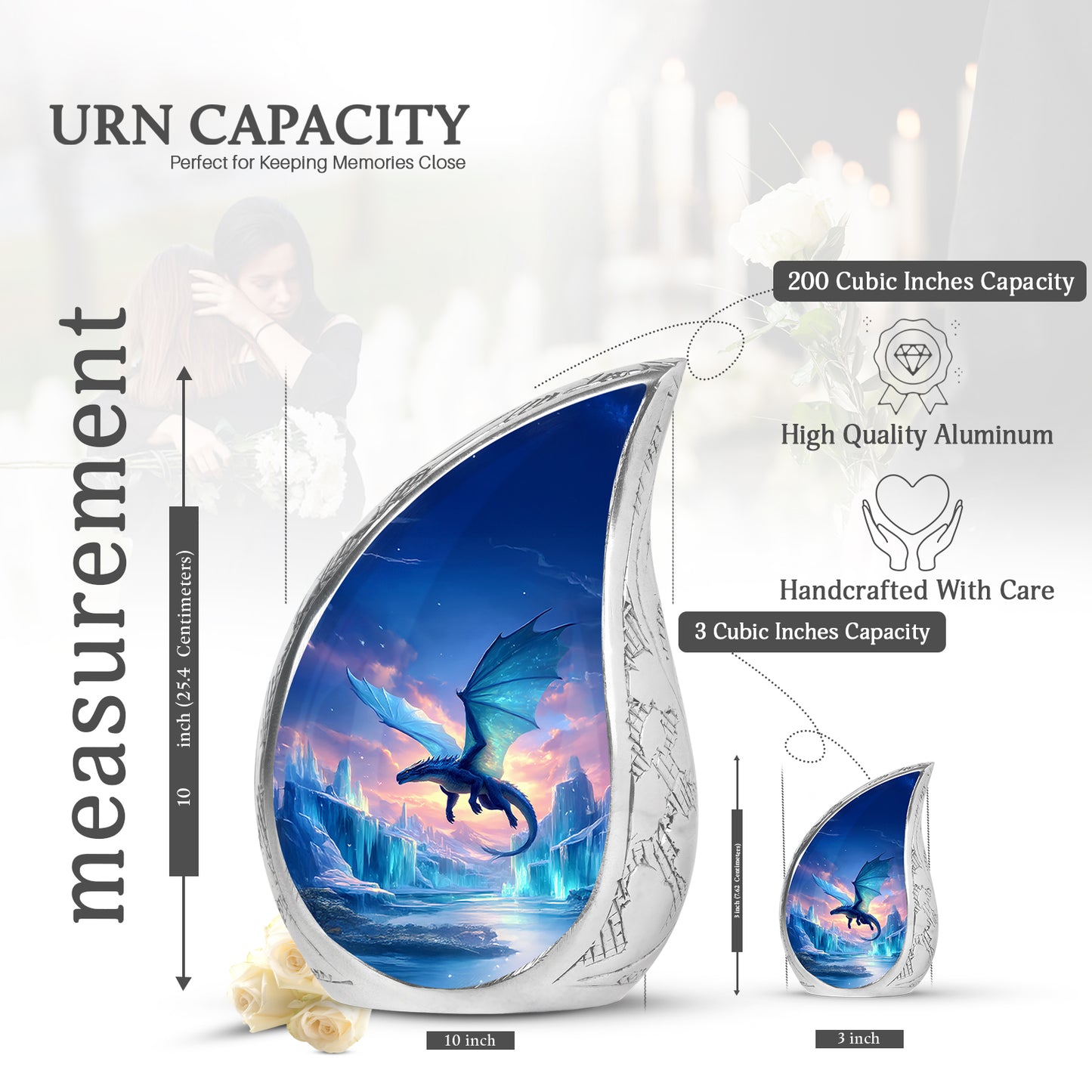 Vivid Blue Dragon Cremation Urn angled view of lid and engraved motif - smooth teardrop contour featuring dragon art - mini keepsake memorial for portion of cremation ashes