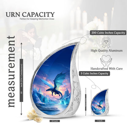 Vivid Blue Dragon Cremation Urn angled view of lid and engraved motif - smooth teardrop contour featuring dragon art - mini keepsake memorial for portion of cremation ashes