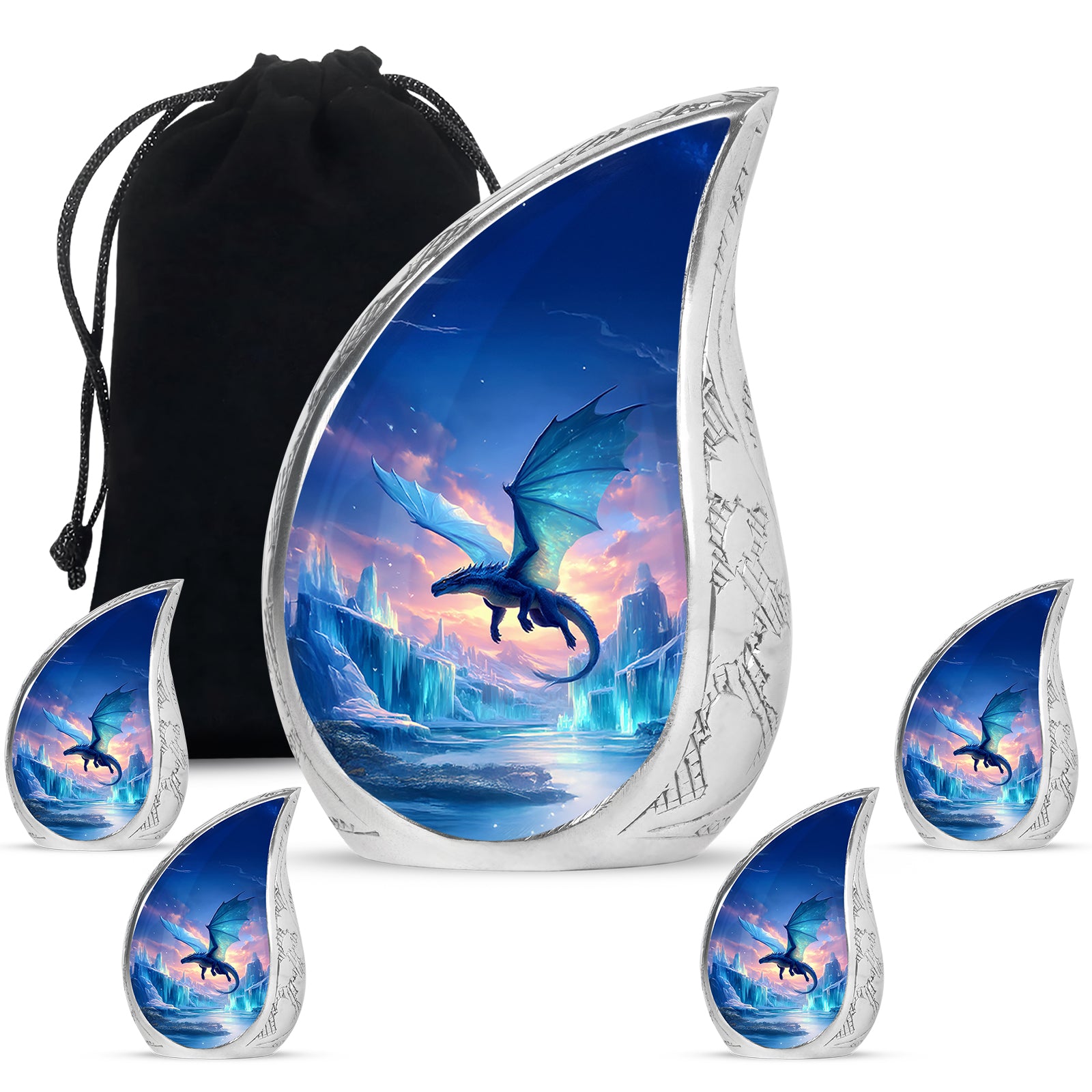 Cornflower Blue Dragon Cremation Urn side profile showing urn shape - smooth teardrop contour featuring dragon art - memorial set with one large and four small urns