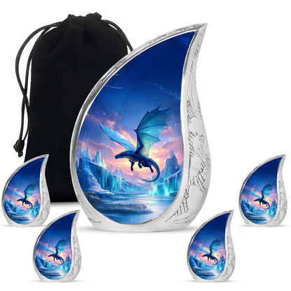 Cornflower Blue Dragon Cremation Urn side profile showing urn shape - smooth teardrop contour featuring dragon art - memorial set with one large and four small urns