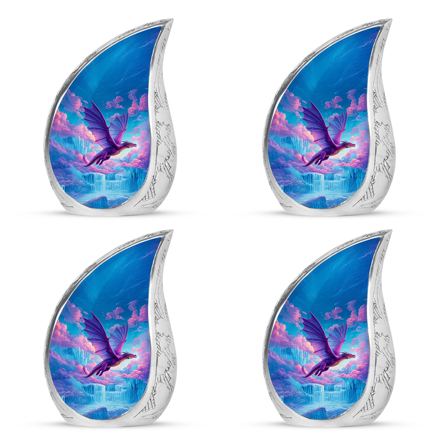 Azure Dragon Cremation Urn close-up of engraving and surface detail - flowing teardrop dragon silhouette on curved aluminum - 10 inch aluminum urn for cremated remains