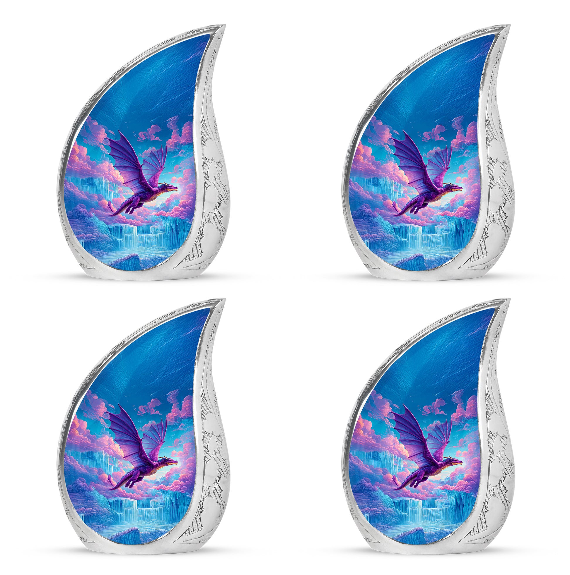 Azure Dragon Cremation Urn close-up of engraving and surface detail - flowing teardrop dragon silhouette on curved aluminum - 10 inch aluminum urn for cremated remains