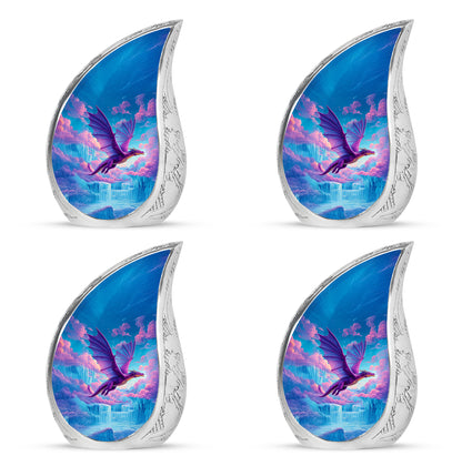 Azure Dragon Cremation Urn close-up of engraving and surface detail - flowing teardrop dragon silhouette on curved aluminum - 10 inch aluminum urn for cremated remains