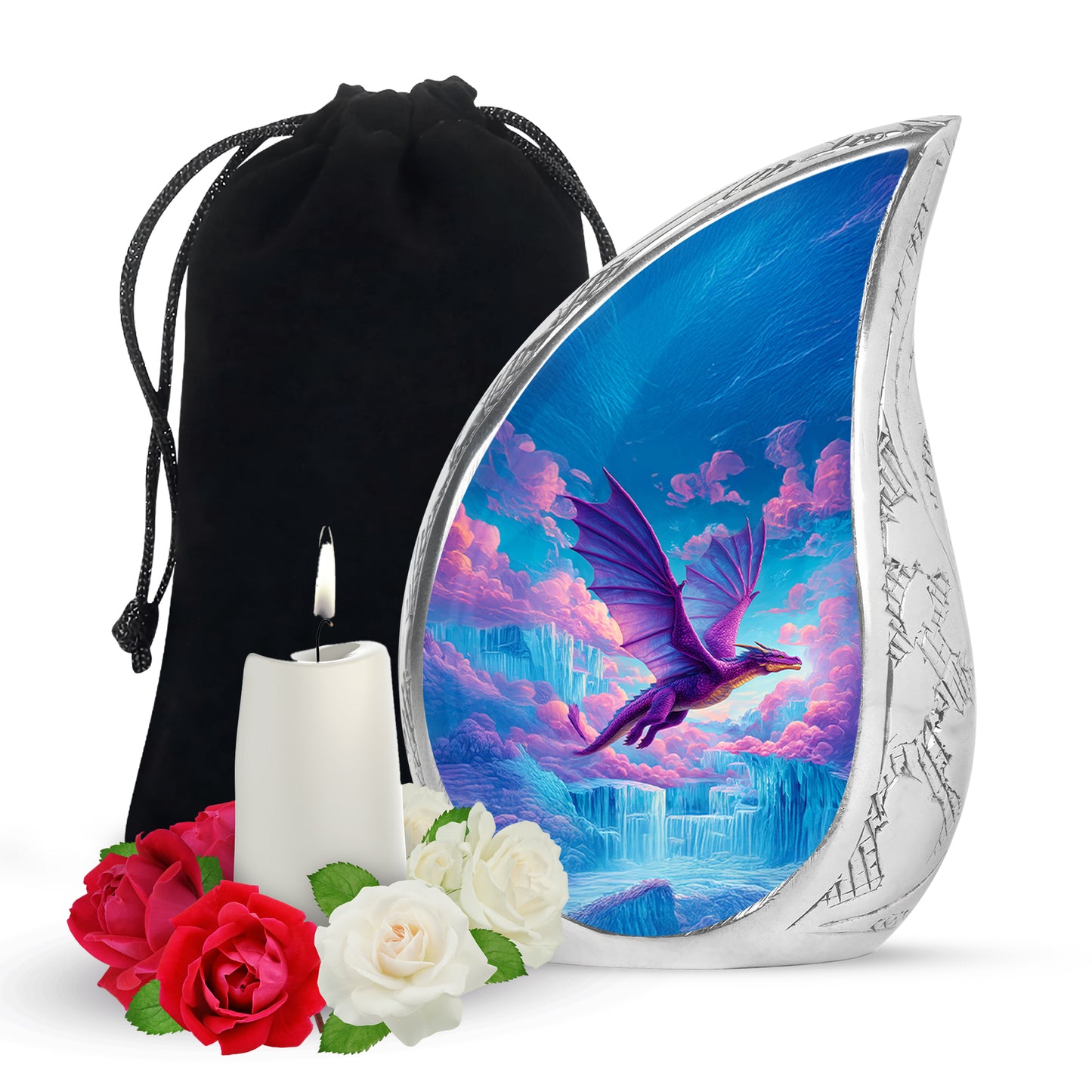Cornflower Blue Dragon Cremation Urn front view showing detailed design - smooth teardrop contour featuring dragon art - full-size 10 inch 200 cubic inch adult cremation urn