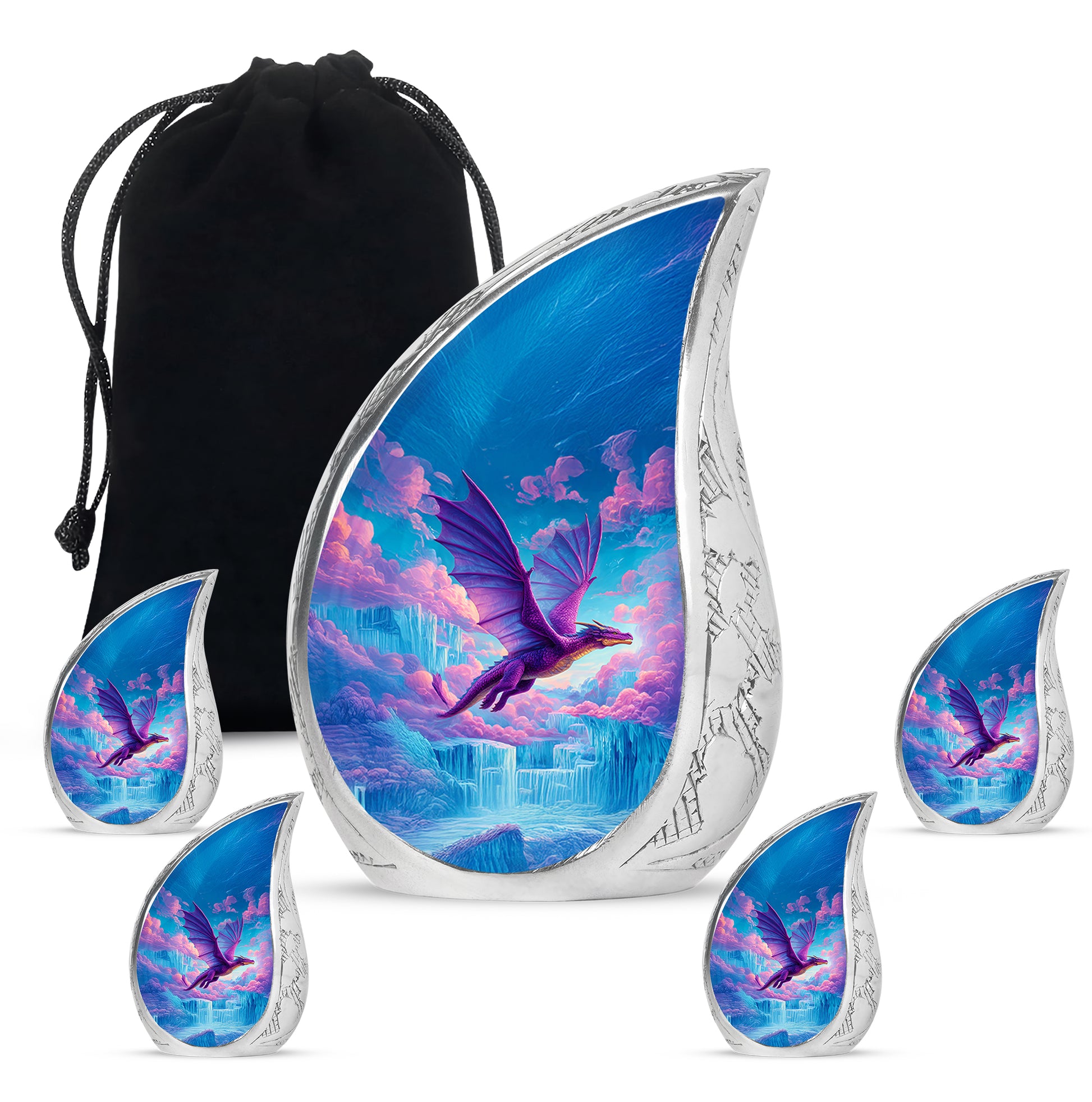 Serene Blue Dragon Cremation Urn side profile showing urn shape - smooth teardrop contour featuring dragon art - memorial set with one large and four small urns
