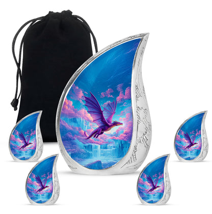 Serene Blue Dragon Cremation Urn side profile showing urn shape - smooth teardrop contour featuring dragon art - memorial set with one large and four small urns