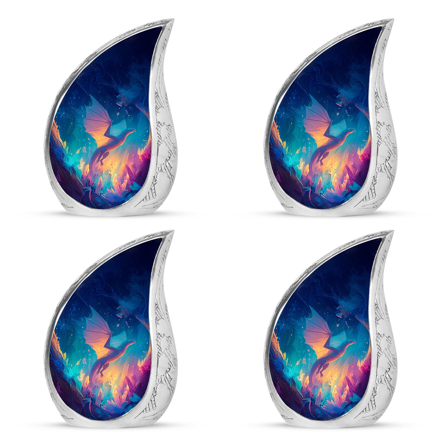 Sky Blue Dragon Cremation Urn close-up of engraving and surface detail - rounded teardrop dragon design with delicate detail - 10 inch aluminum urn for cremated remains