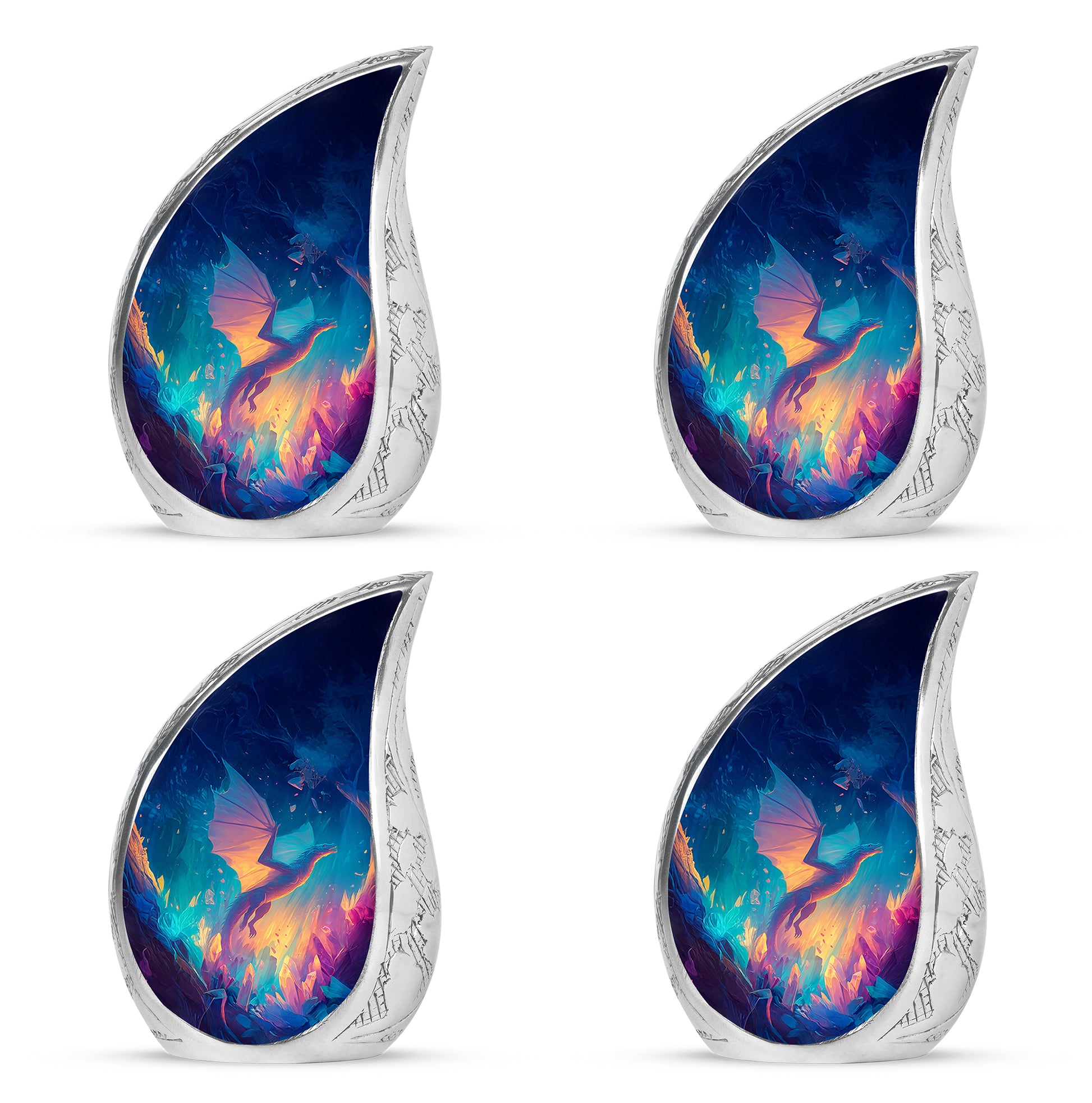 Sky Blue Dragon Cremation Urn close-up of engraving and surface detail - rounded teardrop dragon design with delicate detail - 10 inch aluminum urn for cremated remains