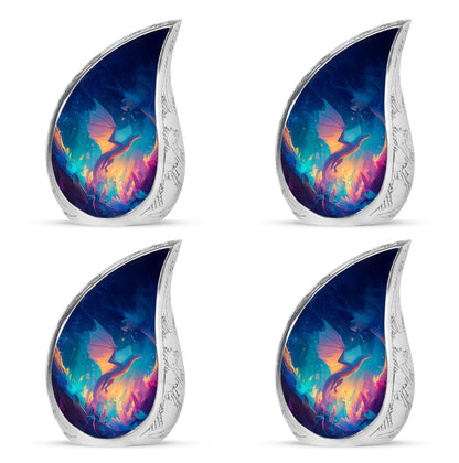 Sky Blue Dragon Cremation Urn close-up of engraving and surface detail - rounded teardrop dragon design with delicate detail - 10 inch aluminum urn for cremated remains