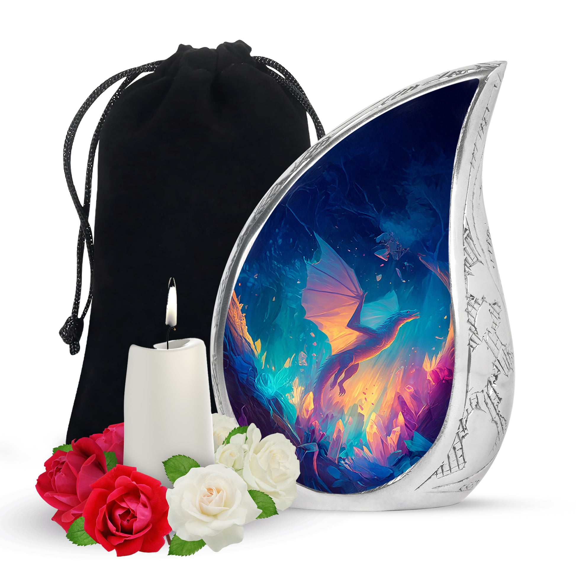 Steel Blue Dragon Cremation Urn front view showing detailed design - graceful tear-shaped urn with dragon motif - full-size 10 inch 200 cubic inch adult cremation urn