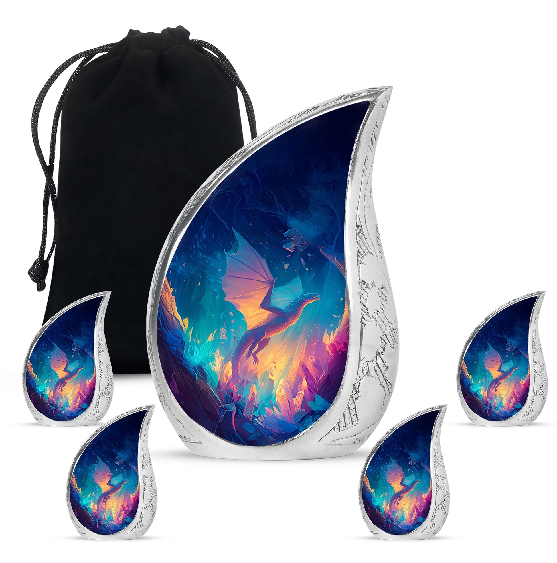 Pastel Blue Dragon Cremation Urn side profile showing urn shape - flowing teardrop dragon silhouette on curved aluminum - memorial set with one large and four small urns