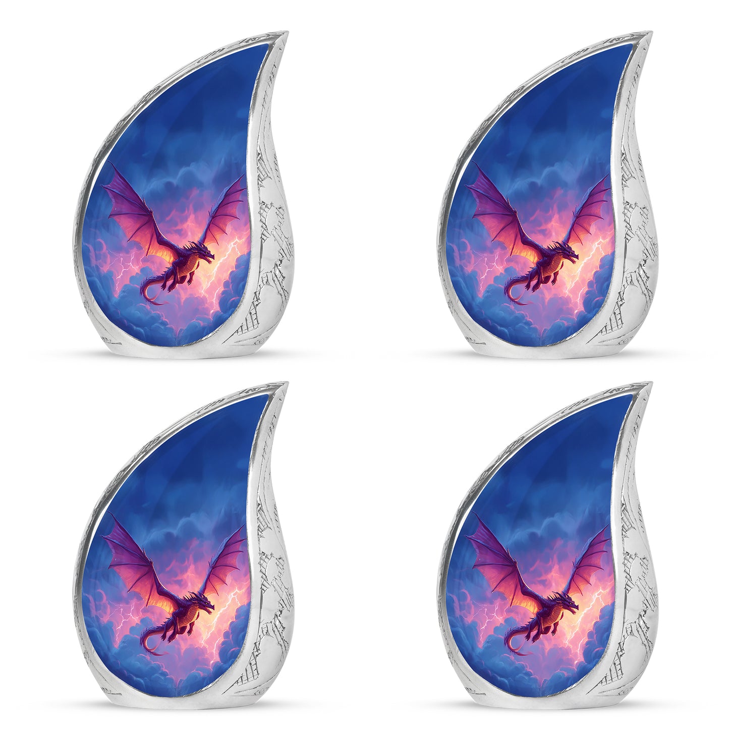 Icy Blue Dragon Cremation Urn close-up of engraving and surface detail - flowing teardrop dragon silhouette on curved aluminum - 10 inch aluminum urn for cremated remains