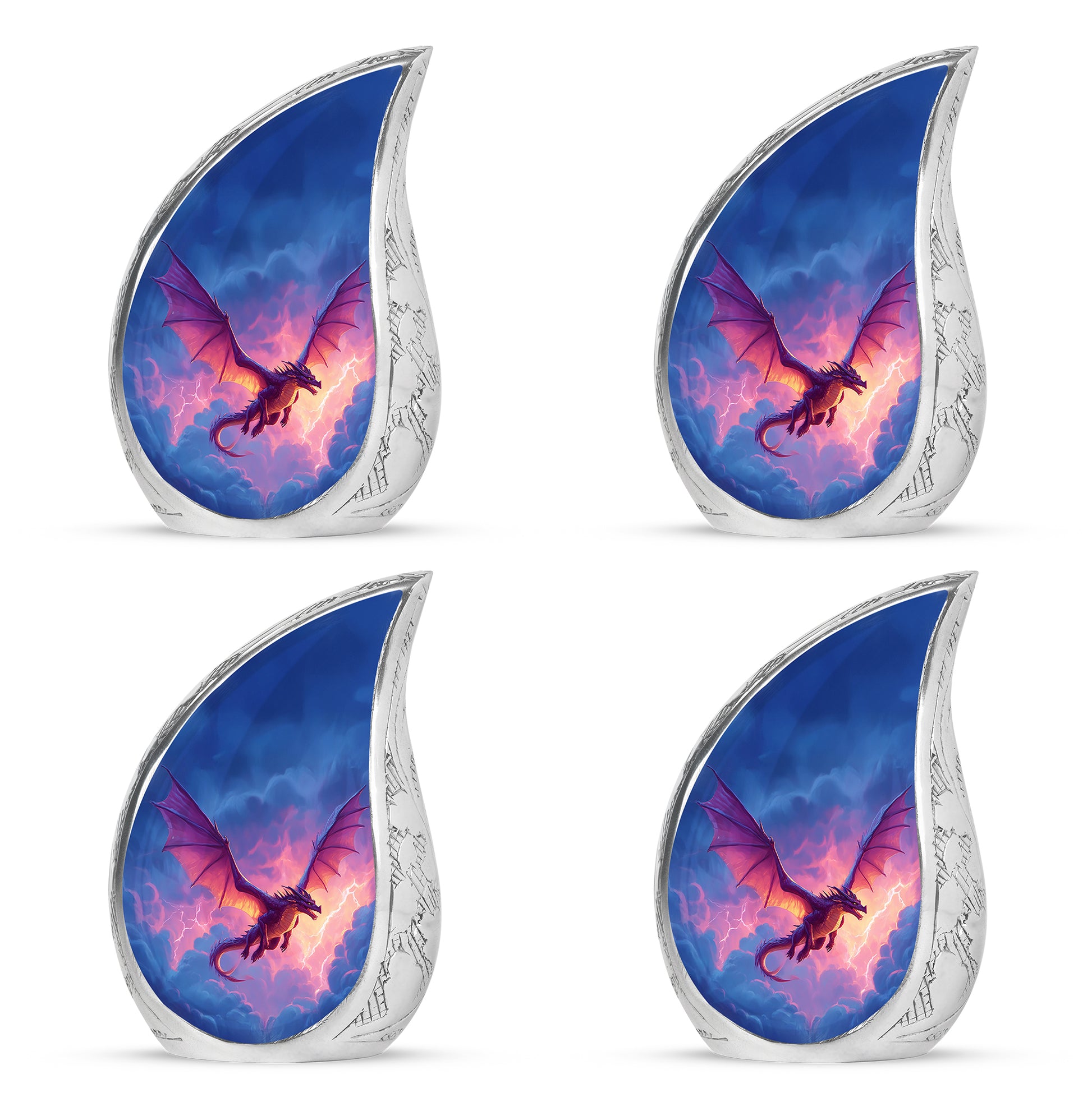 Icy Blue Dragon Cremation Urn close-up of engraving and surface detail - flowing teardrop dragon silhouette on curved aluminum - 10 inch aluminum urn for cremated remains