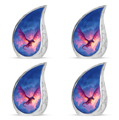 Icy Blue Dragon Cremation Urn close-up of engraving and surface detail - flowing teardrop dragon silhouette on curved aluminum - 10 inch aluminum urn for cremated remains