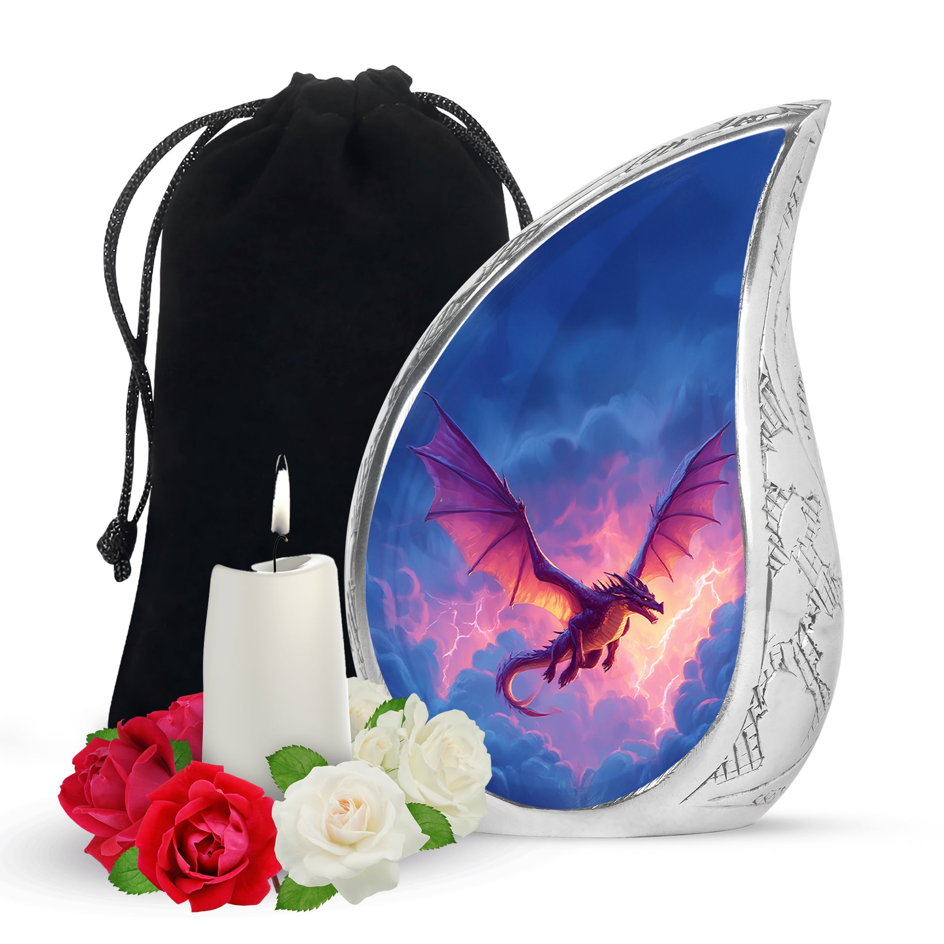 Sapphire Blue Dragon Cremation Urn front view showing detailed design - graceful tear-shaped urn with dragon motif - full-size 10 inch 200 cubic inch adult cremation urn