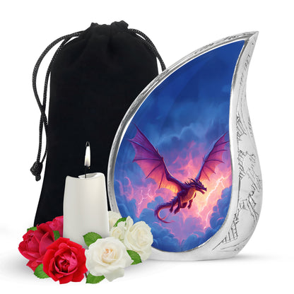 Sapphire Blue Dragon Cremation Urn front view showing detailed design - graceful tear-shaped urn with dragon motif - full-size 10 inch 200 cubic inch adult cremation urn
