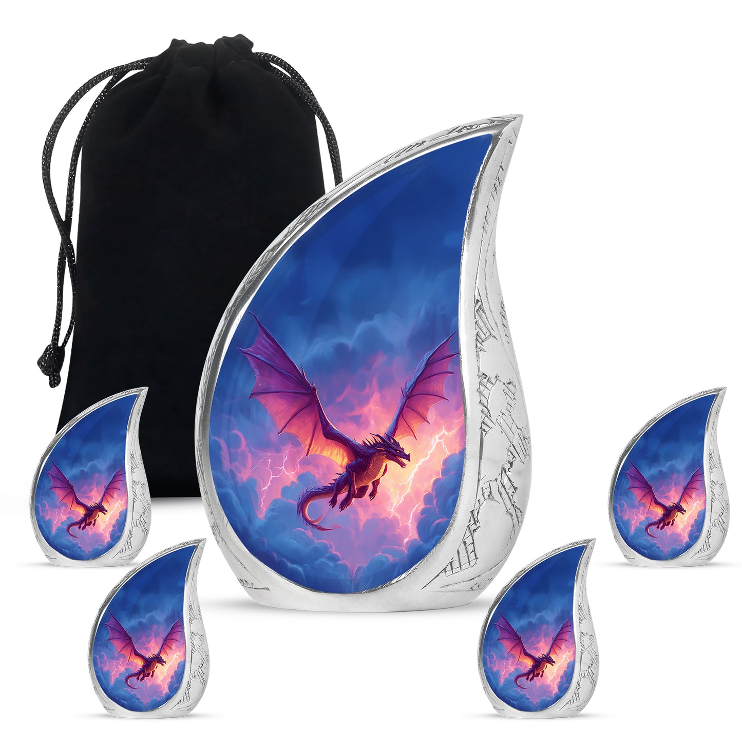 Indigo Dragon Cremation Urn side profile showing urn shape - rounded teardrop dragon design with delicate detail - memorial set with one large and four small urns