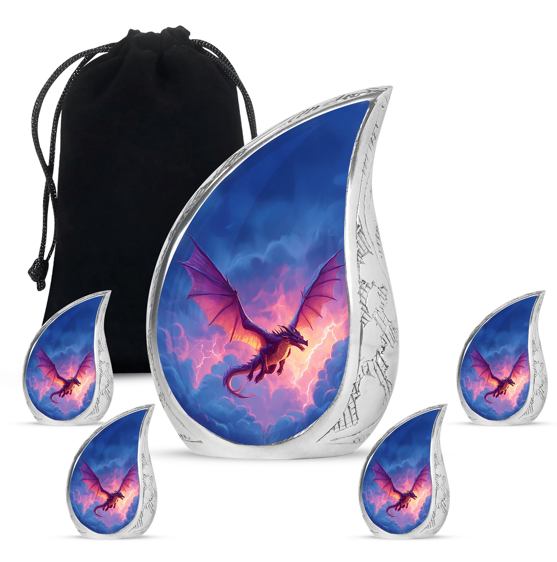 Indigo Dragon Cremation Urn side profile showing urn shape - rounded teardrop dragon design with delicate detail - memorial set with one large and four small urns