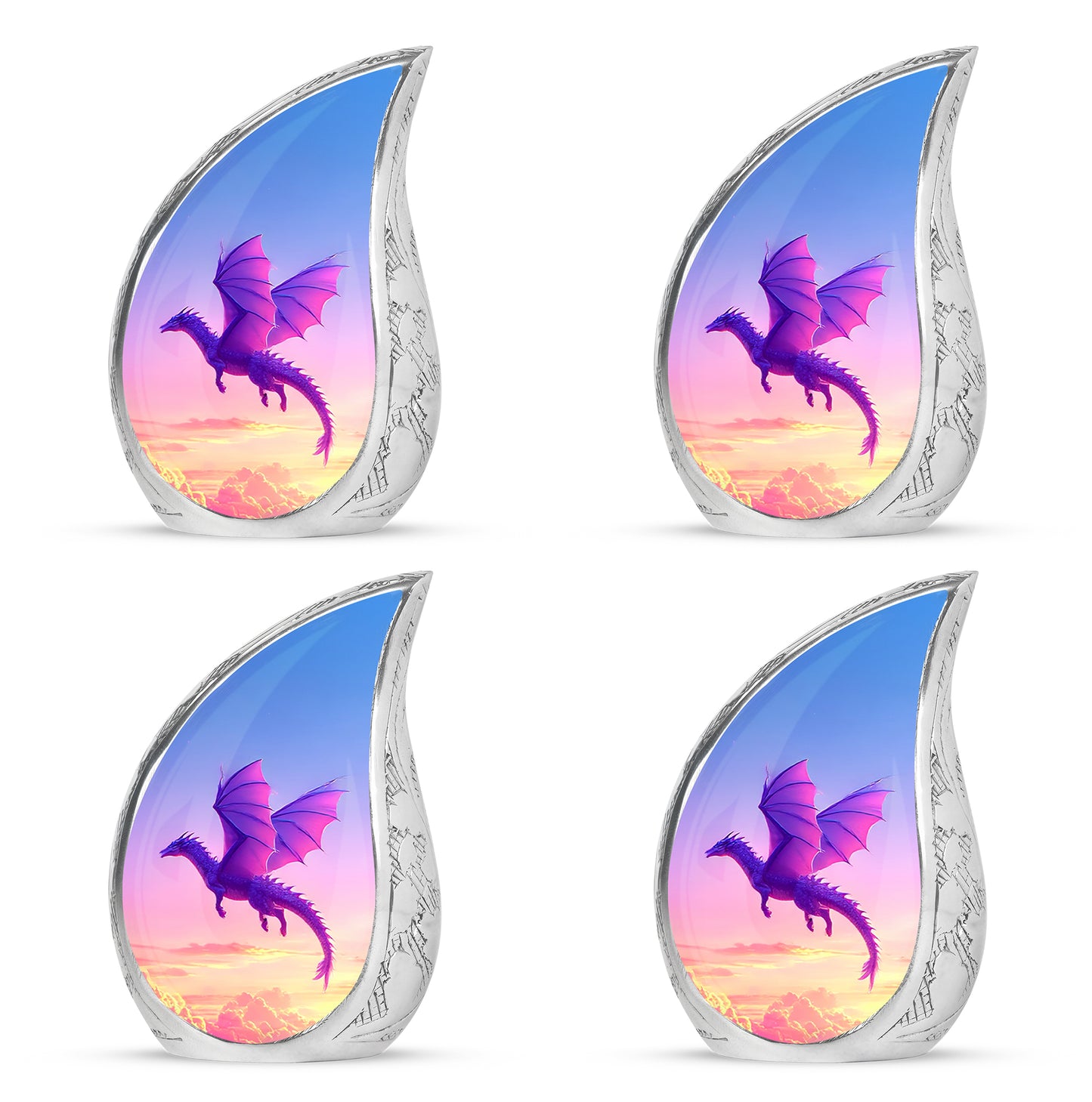 Steel Blue Dragon Cremation Urn close-up of engraving and surface detail - graceful tear-shaped urn with dragon motif - 10 inch aluminum urn for cremated remains