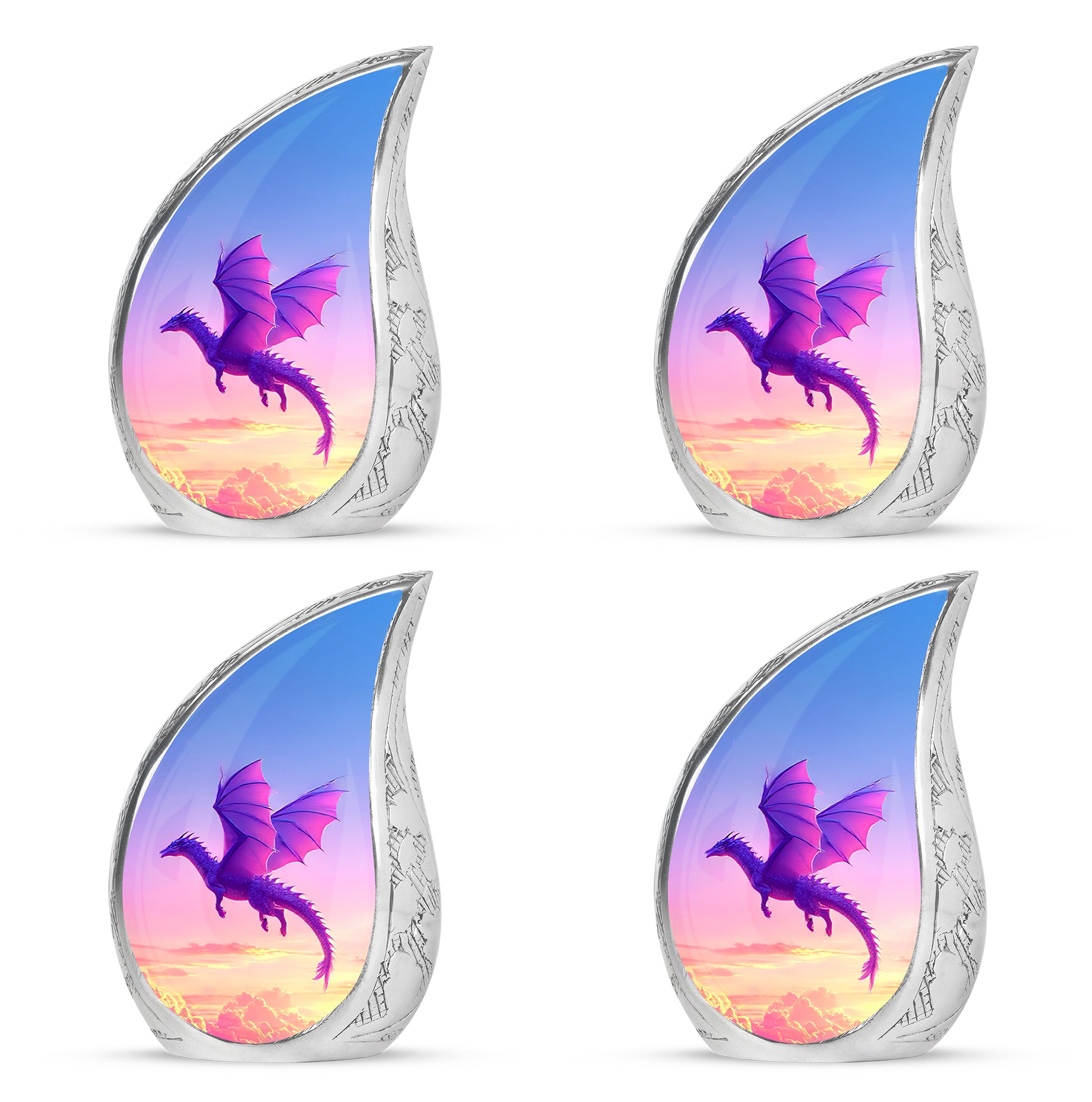 Steel Blue Dragon Cremation Urn close-up of engraving and surface detail - graceful tear-shaped urn with dragon motif - 10 inch aluminum urn for cremated remains