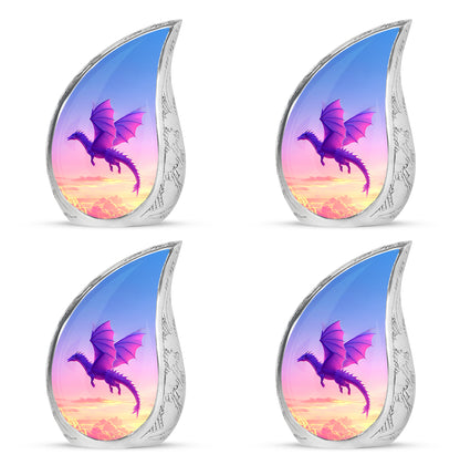 Steel Blue Dragon Cremation Urn close-up of engraving and surface detail - graceful tear-shaped urn with dragon motif - 10 inch aluminum urn for cremated remains