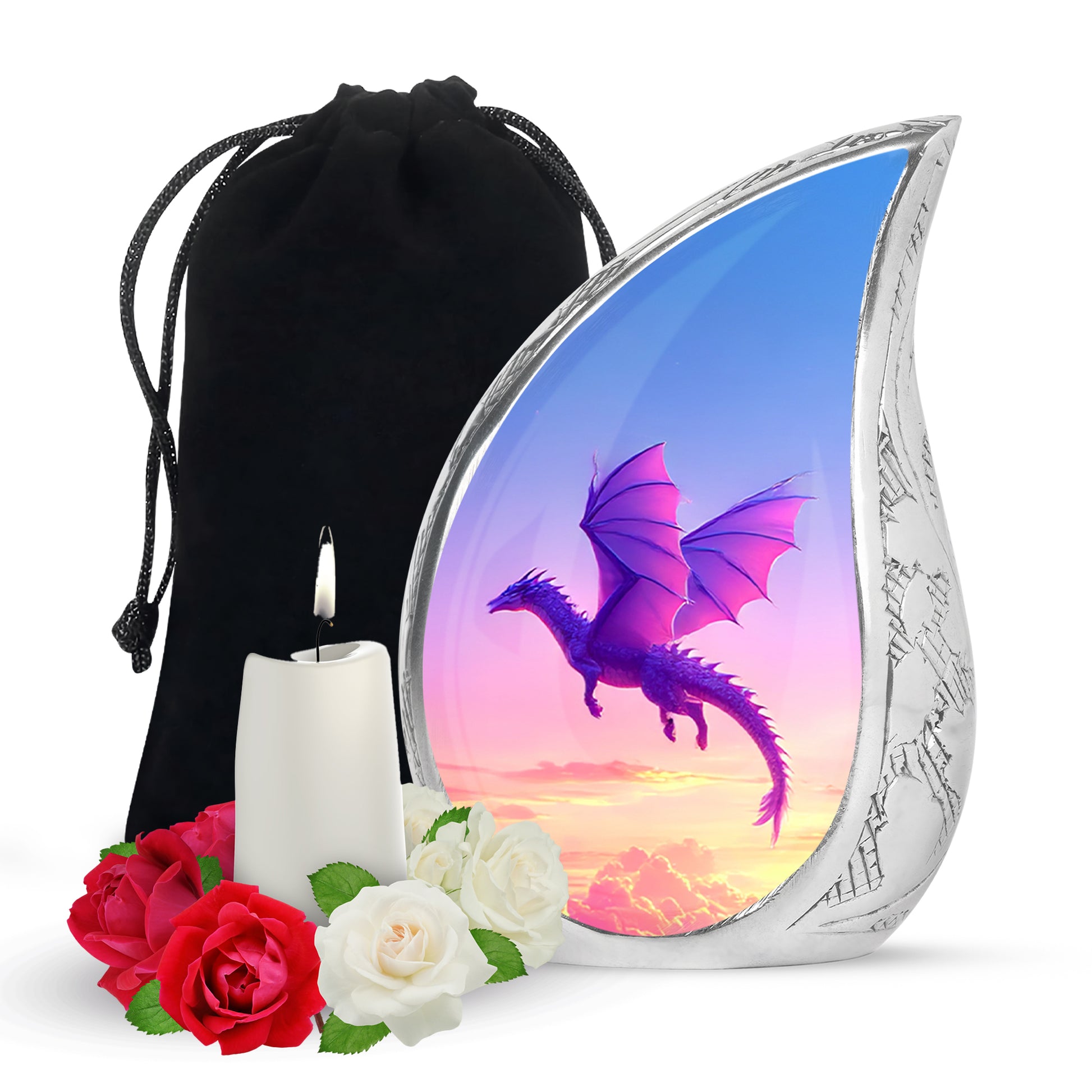 Pastel Blue Dragon Cremation Urn front view showing detailed design - flowing teardrop dragon silhouette on curved aluminum - full-size 10 inch 200 cubic inch adult cremation urn