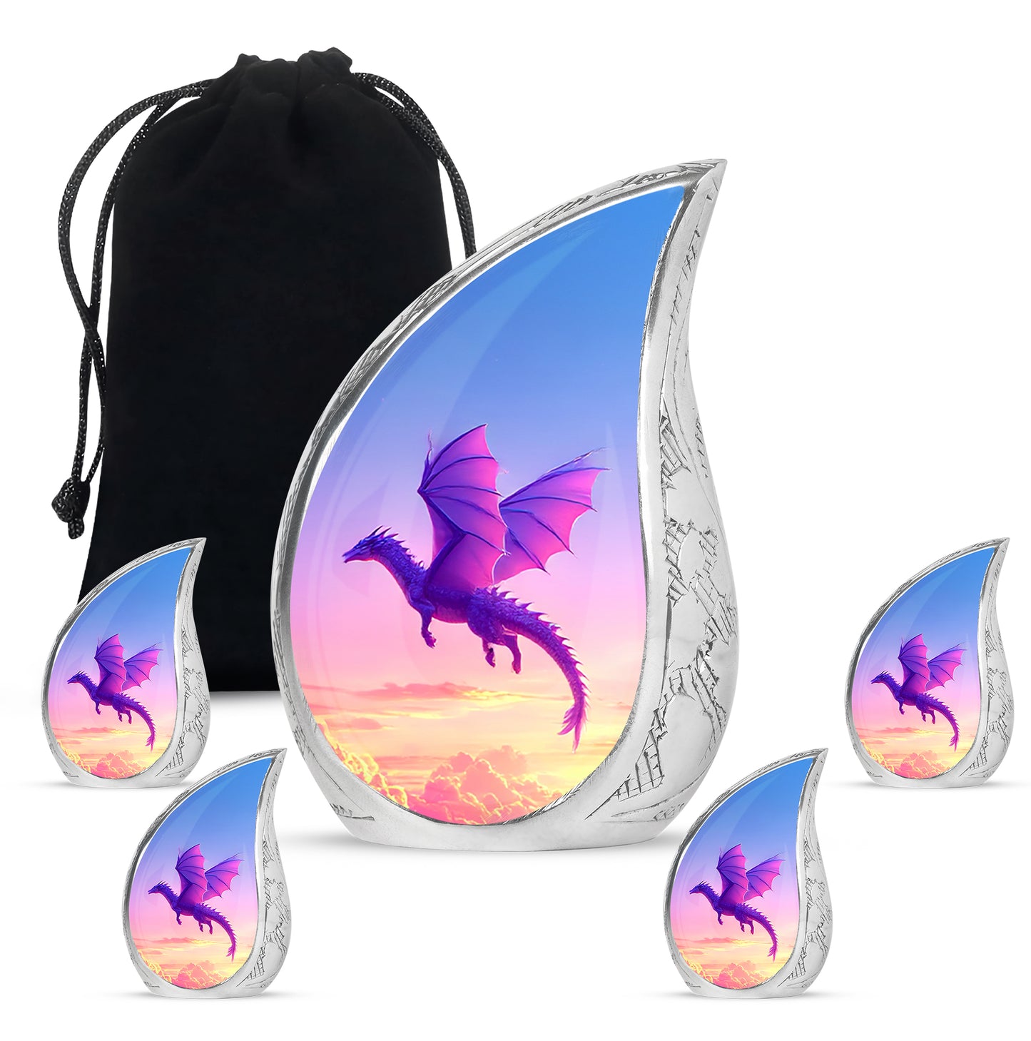 Cornflower Blue Dragon Cremation Urn side profile showing urn shape - smooth teardrop contour featuring dragon art - memorial set with one large and four small urns