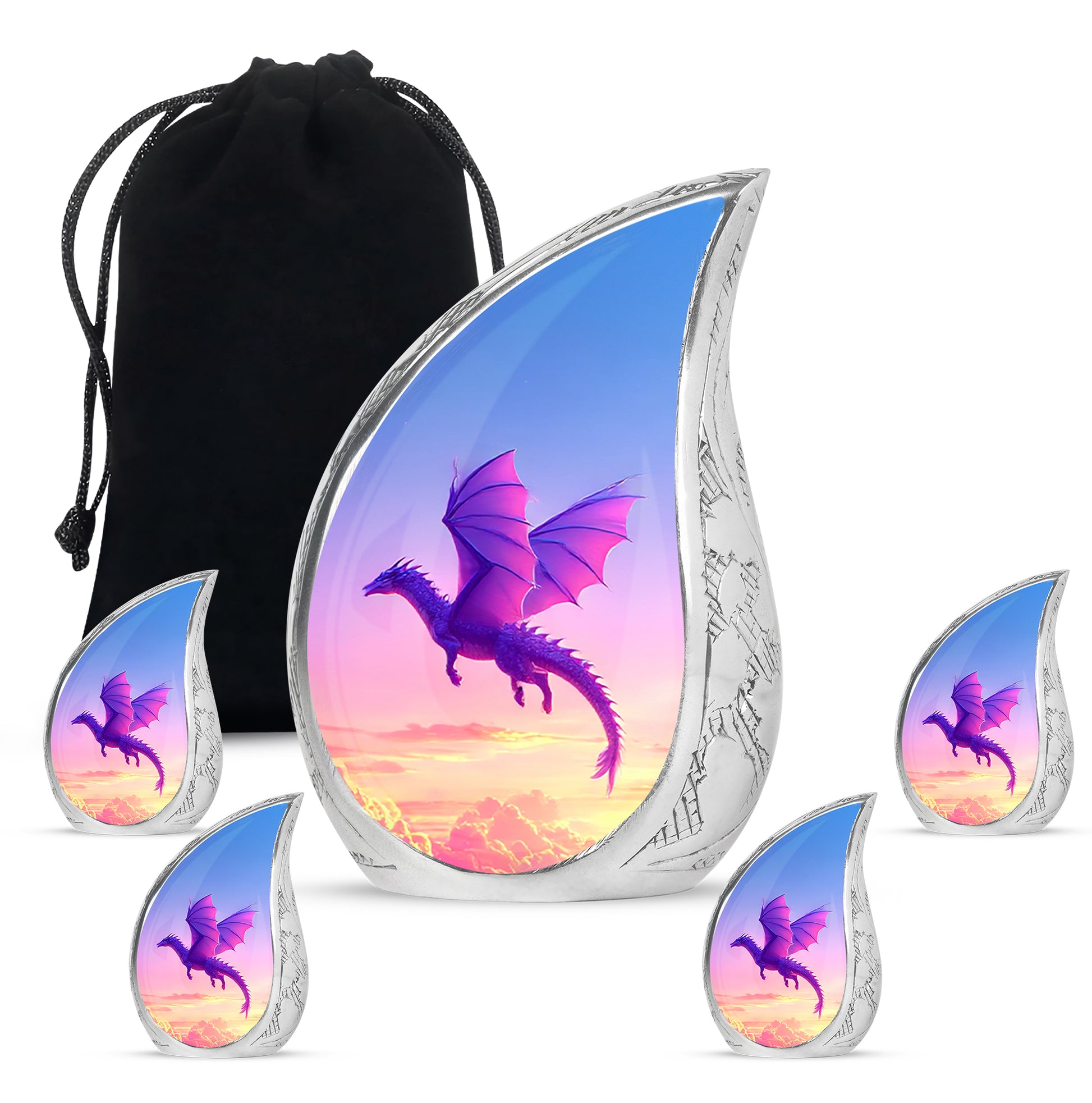 Cornflower Blue Dragon Cremation Urn side profile showing urn shape - smooth teardrop contour featuring dragon art - memorial set with one large and four small urns