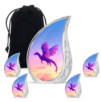 Cornflower Blue Dragon Cremation Urn side profile showing urn shape - smooth teardrop contour featuring dragon art - memorial set with one large and four small urns