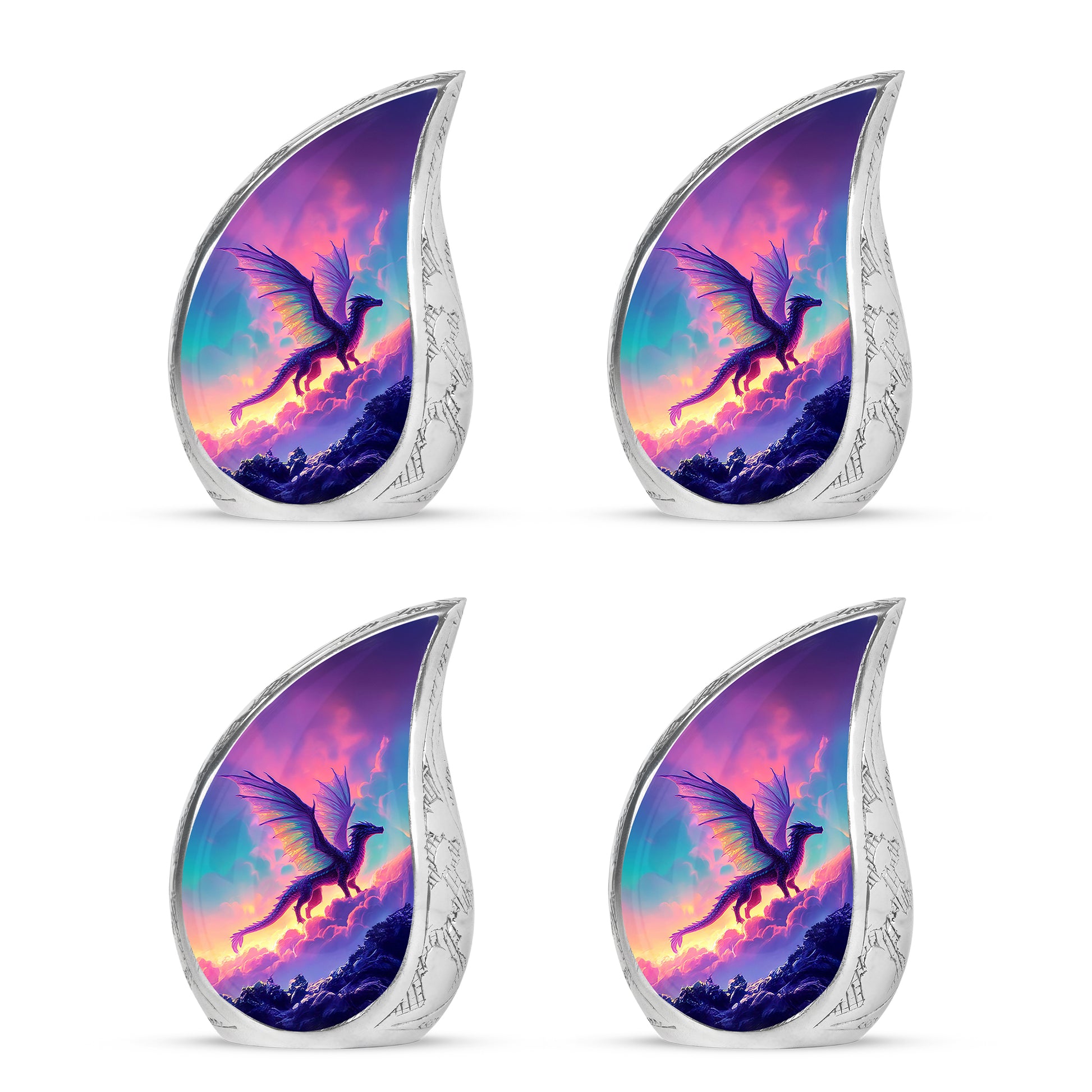Serene Blue Dragon Cremation Urn close-up of engraving and surface detail - smooth teardrop contour featuring dragon art - 10 inch aluminum urn for cremated remains