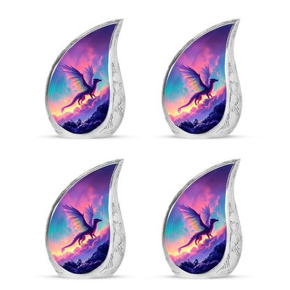 Serene Blue Dragon Cremation Urn close-up of engraving and surface detail - smooth teardrop contour featuring dragon art - 10 inch aluminum urn for cremated remains