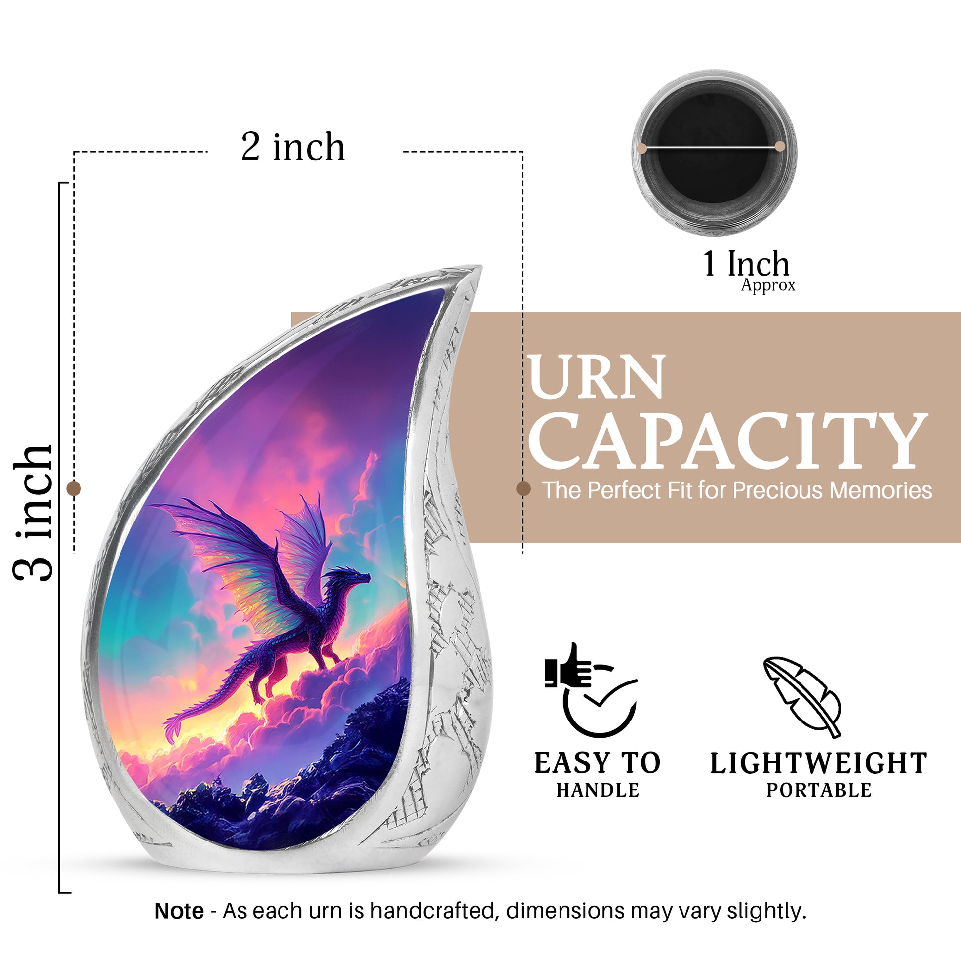 Royal Blue Dragon Cremation Urn angled view of lid and engraved motif - graceful tear-shaped urn with dragon motif - mini keepsake memorial for portion of cremation ashes