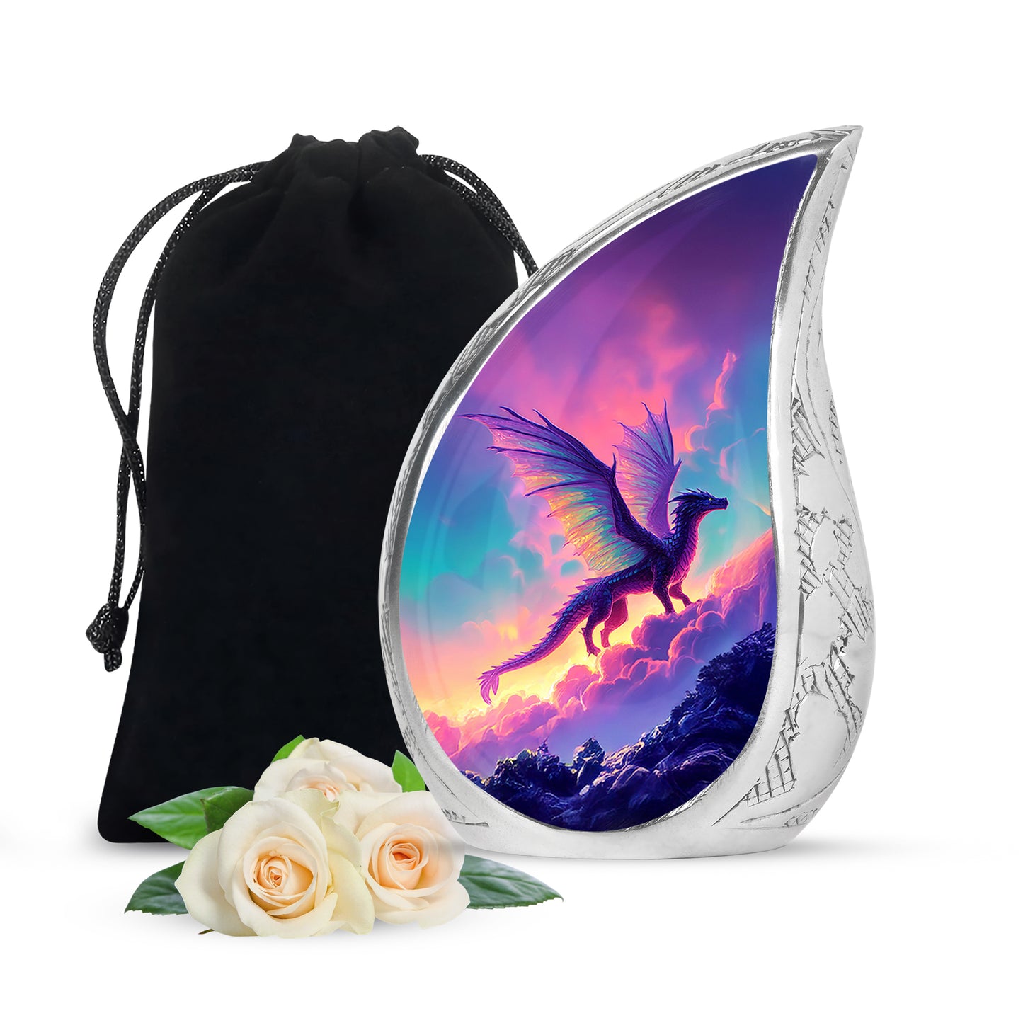 Vivid Blue Dragon Cremation Urn front view showing detailed design - graceful tear-shaped urn with dragon motif - full-size 10 inch 200 cubic inch adult cremation urn