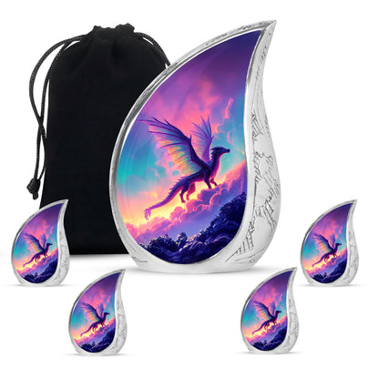 Powder Blue Dragon Cremation Urn side profile showing urn shape - flowing teardrop dragon silhouette on curved aluminum - memorial set with one large and four small urns