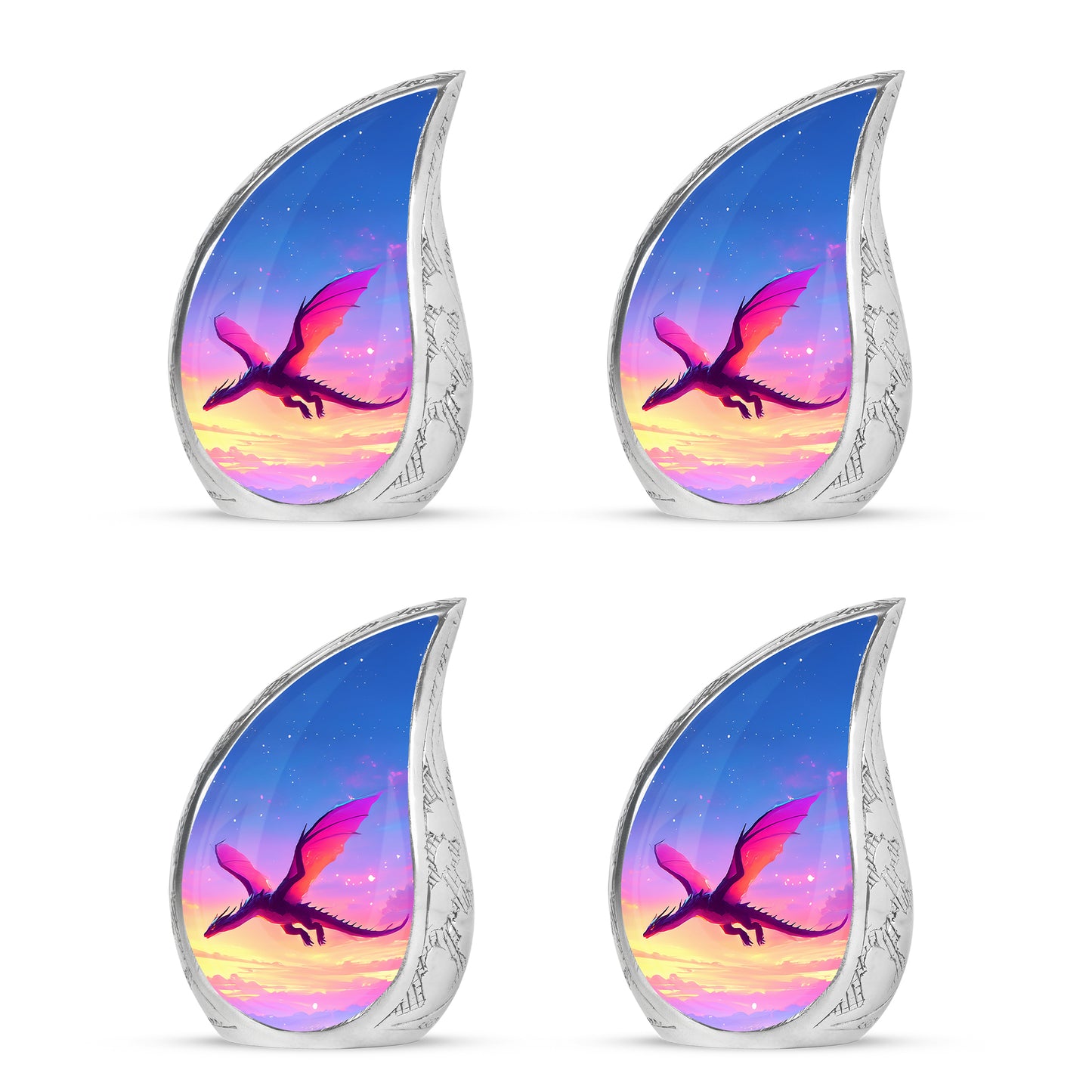 Twilight Blue Dragon Cremation Urn close-up of engraving and surface detail - smooth teardrop contour featuring dragon art - 10 inch aluminum urn for cremated remains