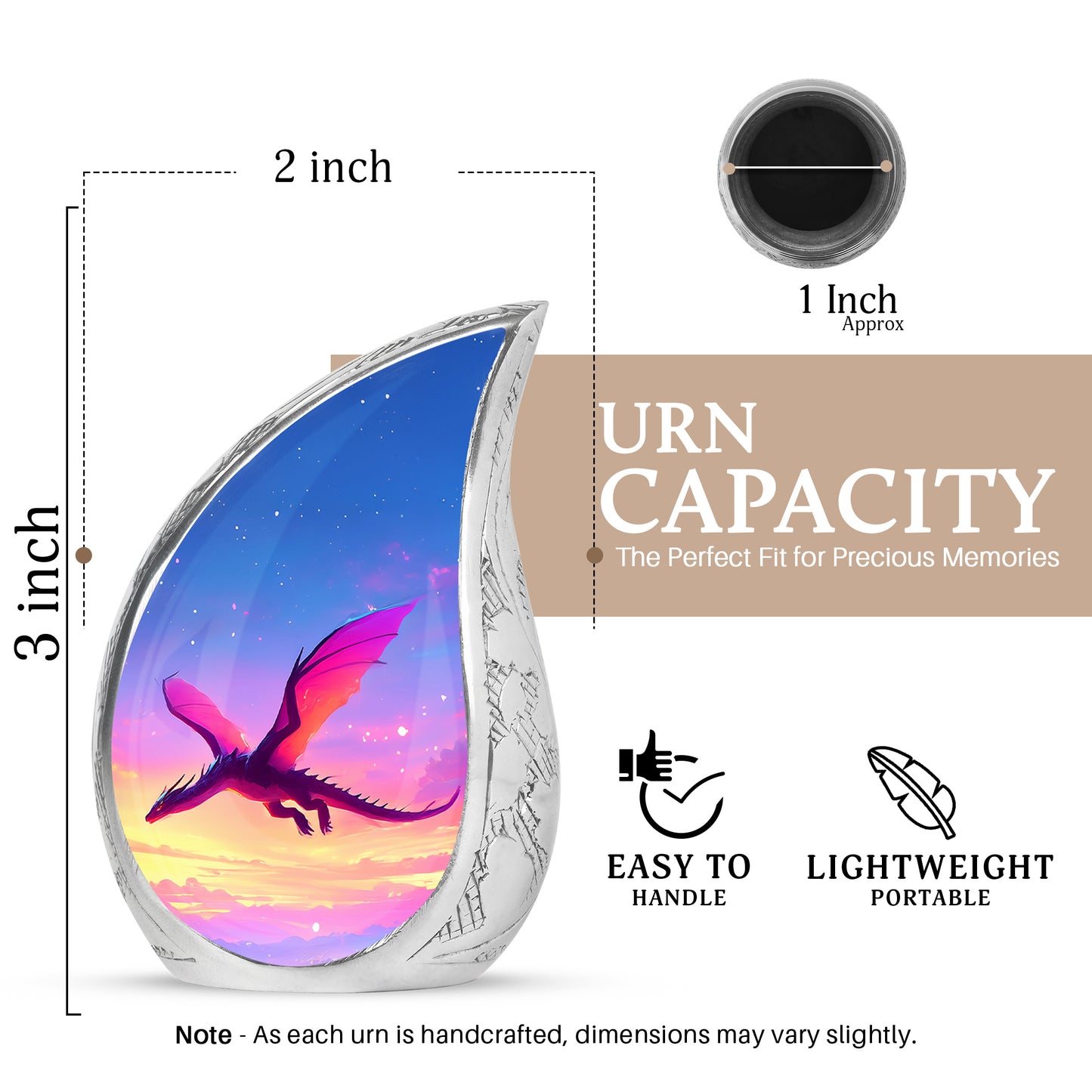 Pastel Blue Dragon Cremation Urn angled view of lid and engraved motif - flowing teardrop dragon silhouette on curved aluminum - mini keepsake memorial for portion of cremation ashes