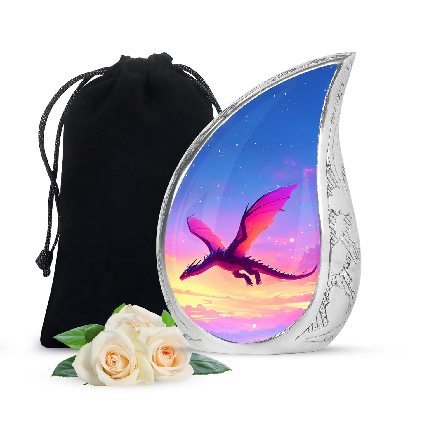 Dusty Blue Dragon Cremation Urn front view showing detailed design - flowing teardrop dragon silhouette on curved aluminum - full-size 10 inch 200 cubic inch adult cremation urn